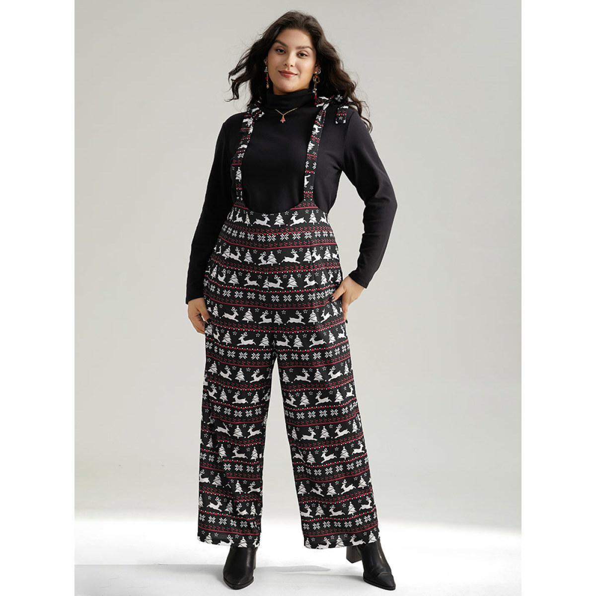 Plus Size Black Christmas Elk Print Elastic Waist Knot Jumpsuit Women Casual Sleeveless Spaghetti Strap Dailywear Loose Jumpsuits BloomChic 12/L Product Image