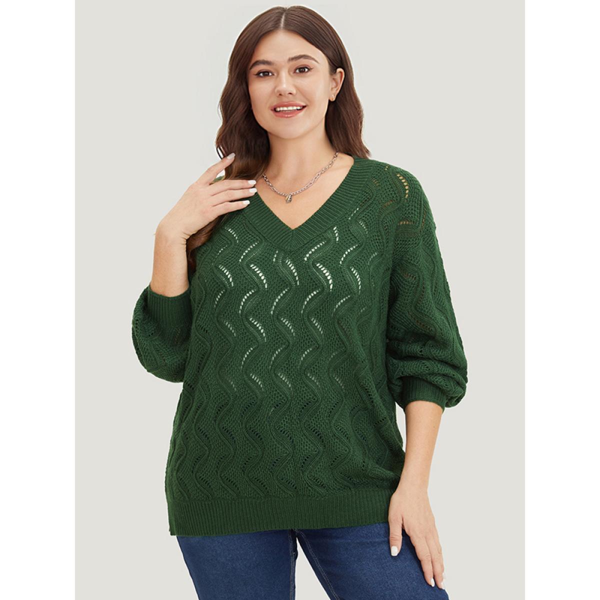 Plus Size Plain Hollow Out V Neck Pullover DarkGreen Women Casual Loose Long Sleeve V-neck Everyday Pullovers BloomChic 30/6X Product Image