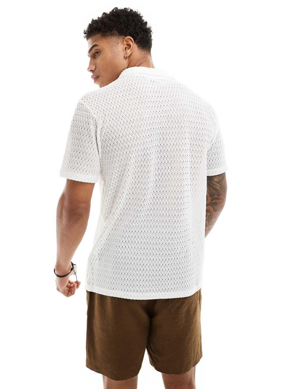 ASOS DESIGN polo shirt with revere collar in white crochet Product Image