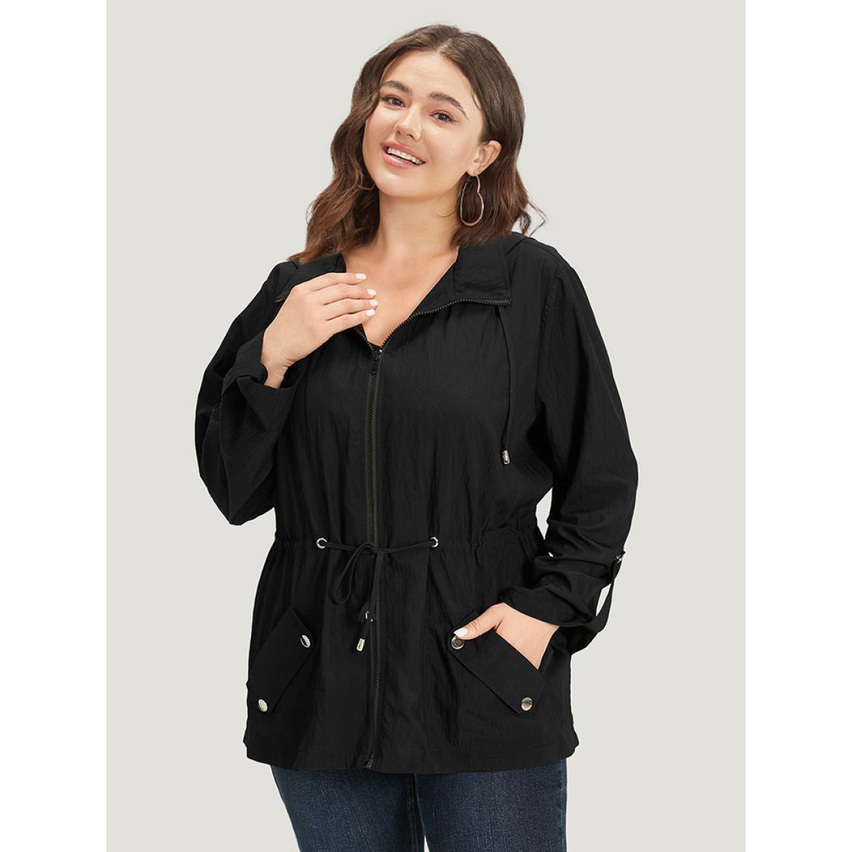 Plus Size Plain Hooded Zipper Drawstring Tab Sleeve Coat Women Black Plain Pocket Everyday Jackets BloomChic 14-16/1X Product Image
