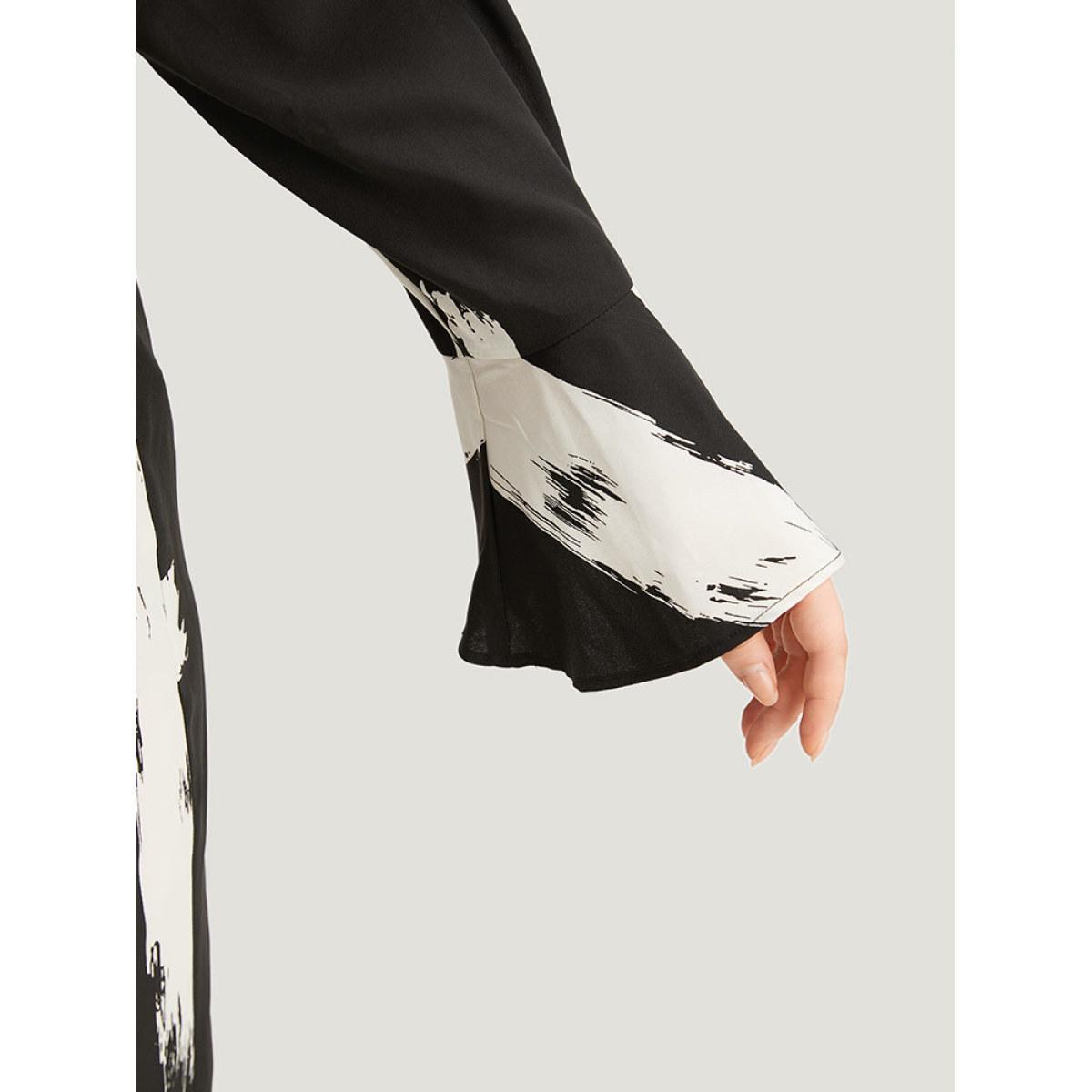 Plus Size BlackFlower Brush Print Button Up Belted Bell Sleeve Jumpsuit Women Office Long Sleeve Shirt collar Work Loose Jumpsuits BloomChic 18-20/2X Product Image