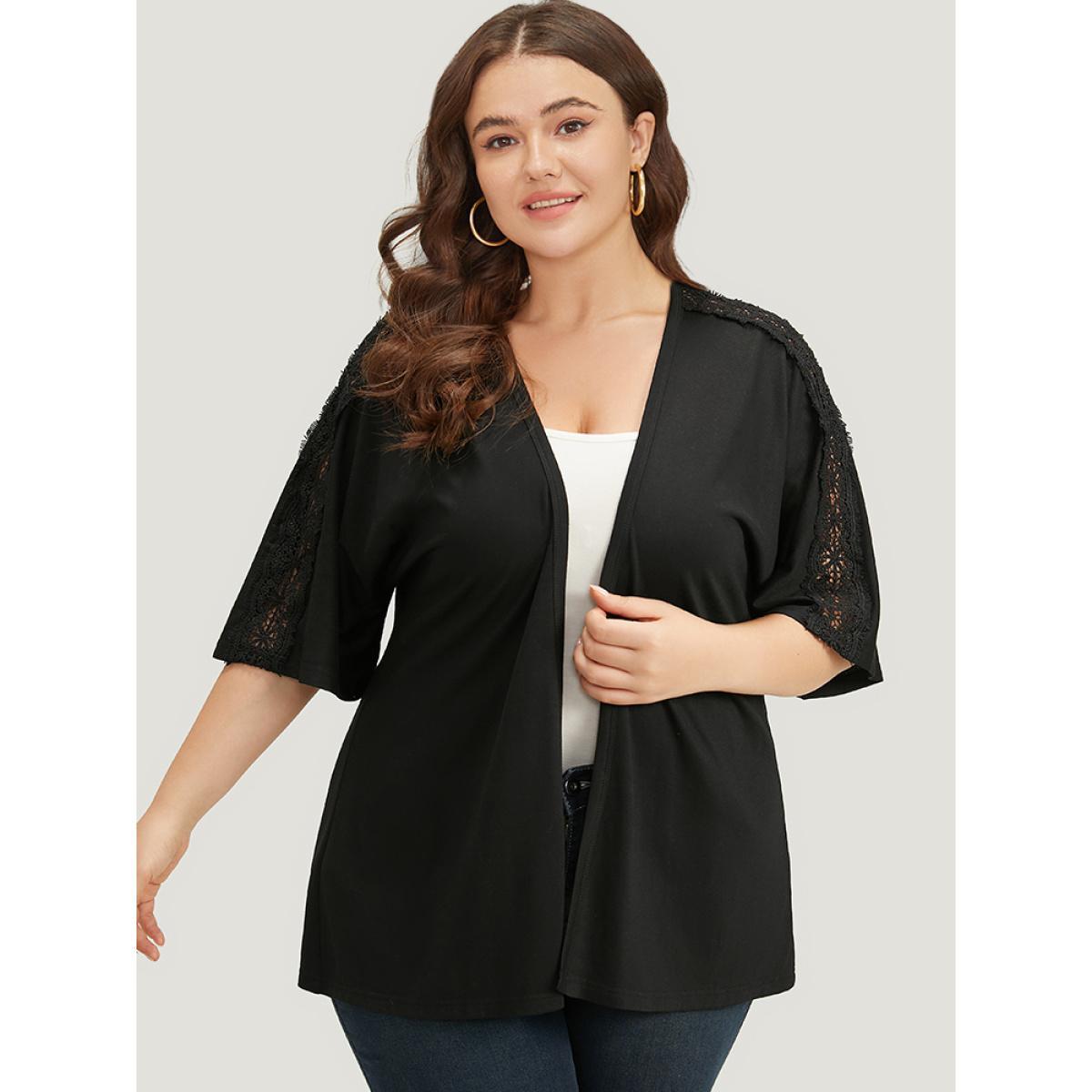 Plus Size Halloween Supersoft Essentials Plain Lace Panel Open Front Kimono Women Black Casual Plain Dailywear Kimonos BloomChic 30/6X Product Image