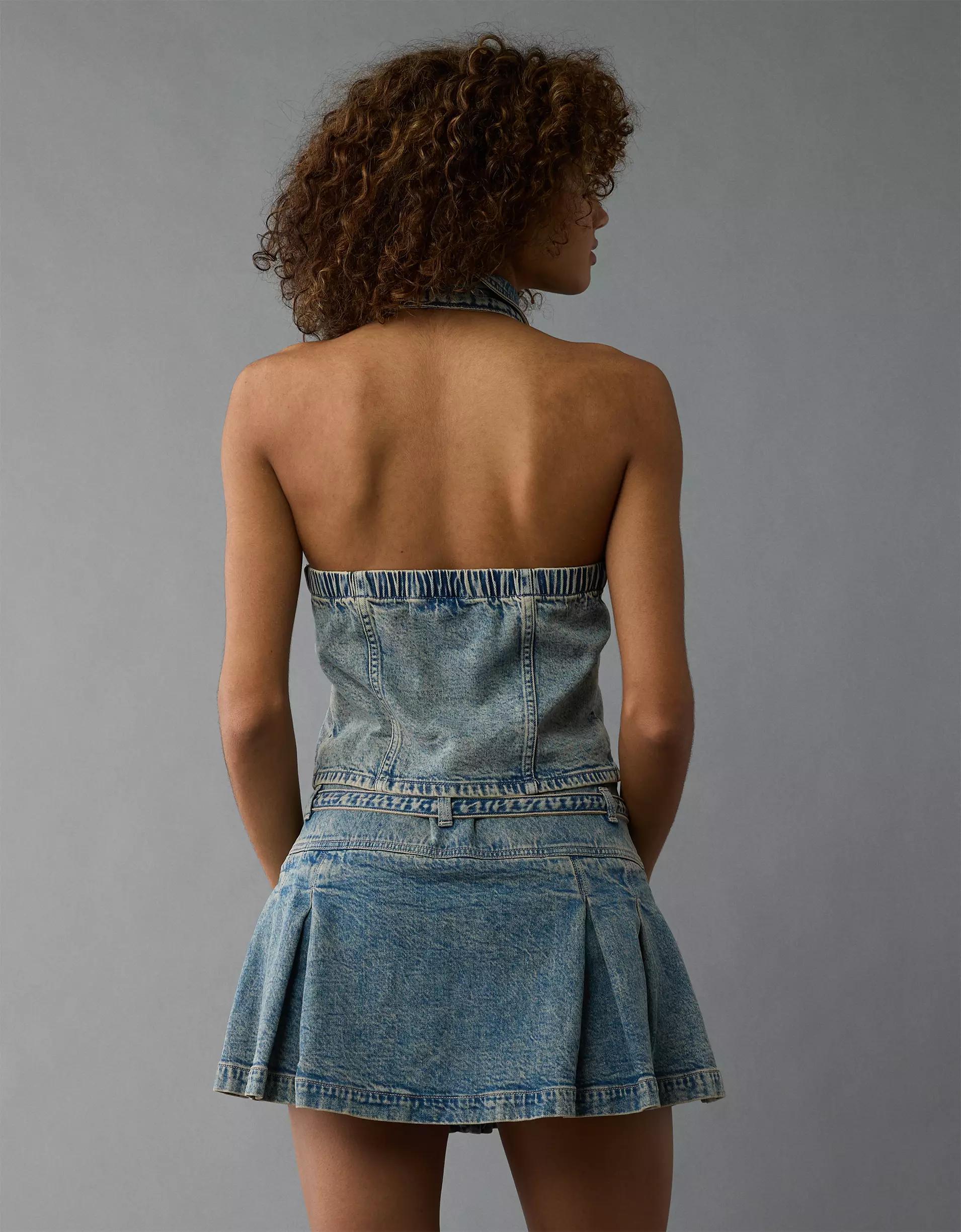 AE Stretch Low-Rise Belted Pleated Denim Mini Skirt Product Image
