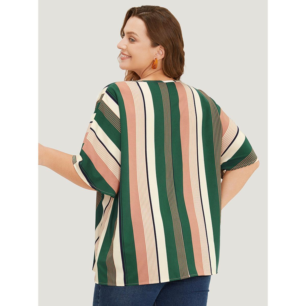 Plus Size Multicolor Striped Print Button Detail Batwing Sleeve Blouse Women Vacation Half Sleeve V-neck Dailywear Blouses BloomChic 26/4X Product Image