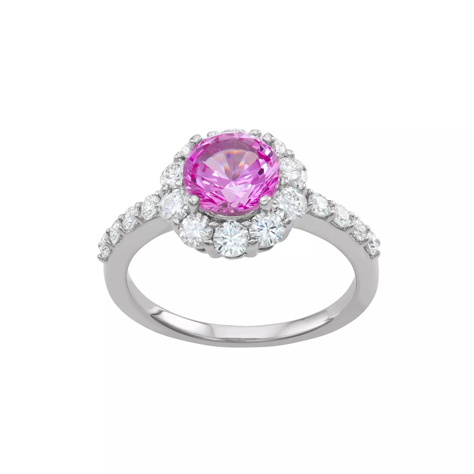 Charles & Colvard 14k White Gold 2 3/4 Carat T.W. Lab-Created Moissanite & Lab-Created Pink Sapphire Halo Ring, Women's, Size: 9, 14k Whgold Product Image