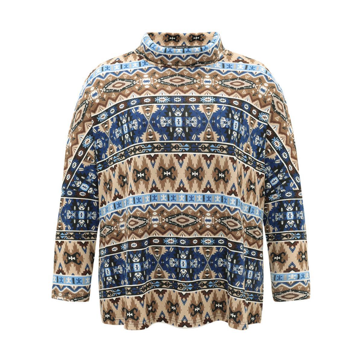 Plus Size Bandana Print Turtleneck Split Hem T-shirt Indigo Women Casual Printed Bohemian Print Turtleneck Dailywear T-shirts BloomChic 12/L Product Image