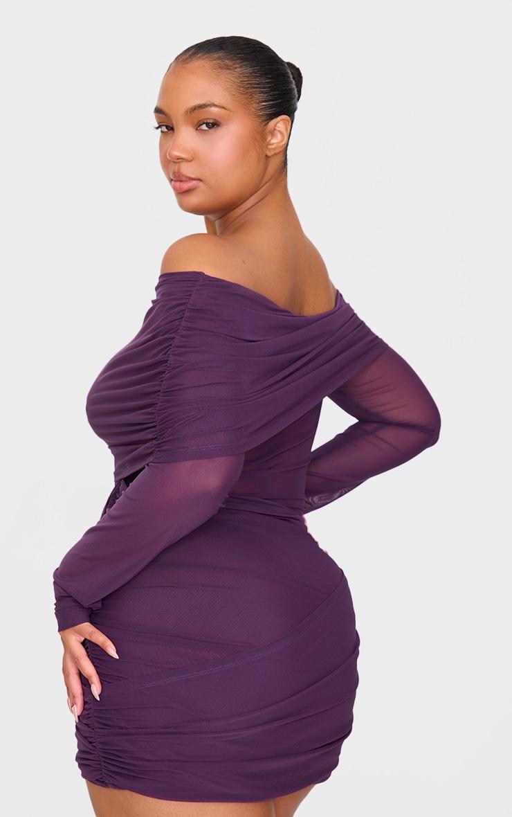 Purple Mesh Long Sleeve One Shoulder Bodycon Dress Product Image