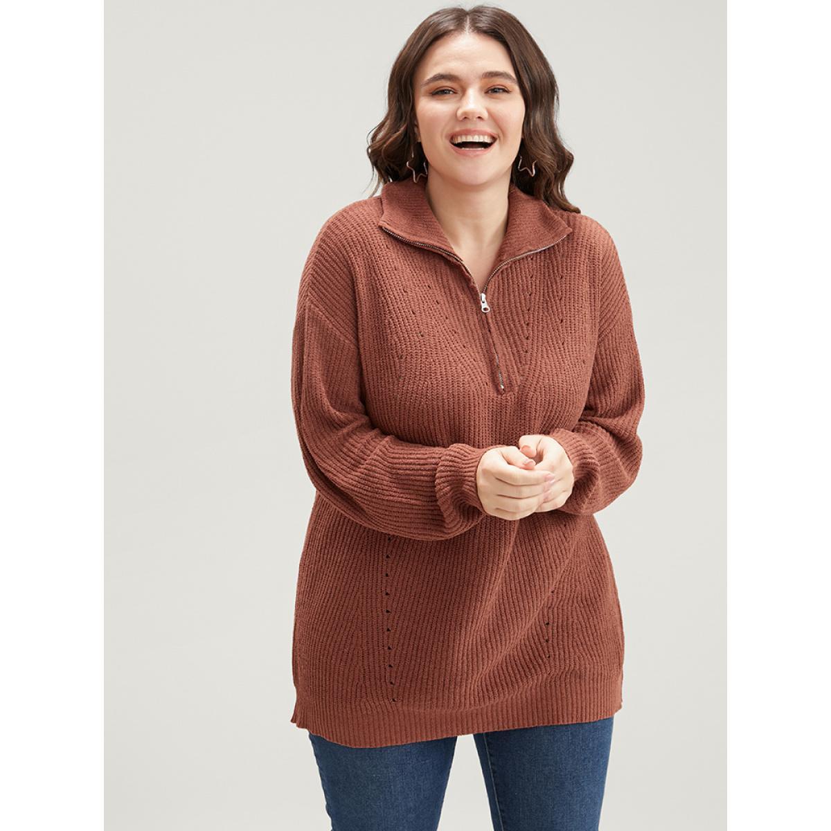 Plus Size Solid Super Soft Knit Zipper Mock Neck Eyelet Knit Top Bronze Women Casual Loose Long Sleeve Mock Neck Dailywear Pullovers BloomChic 12/L Product Image