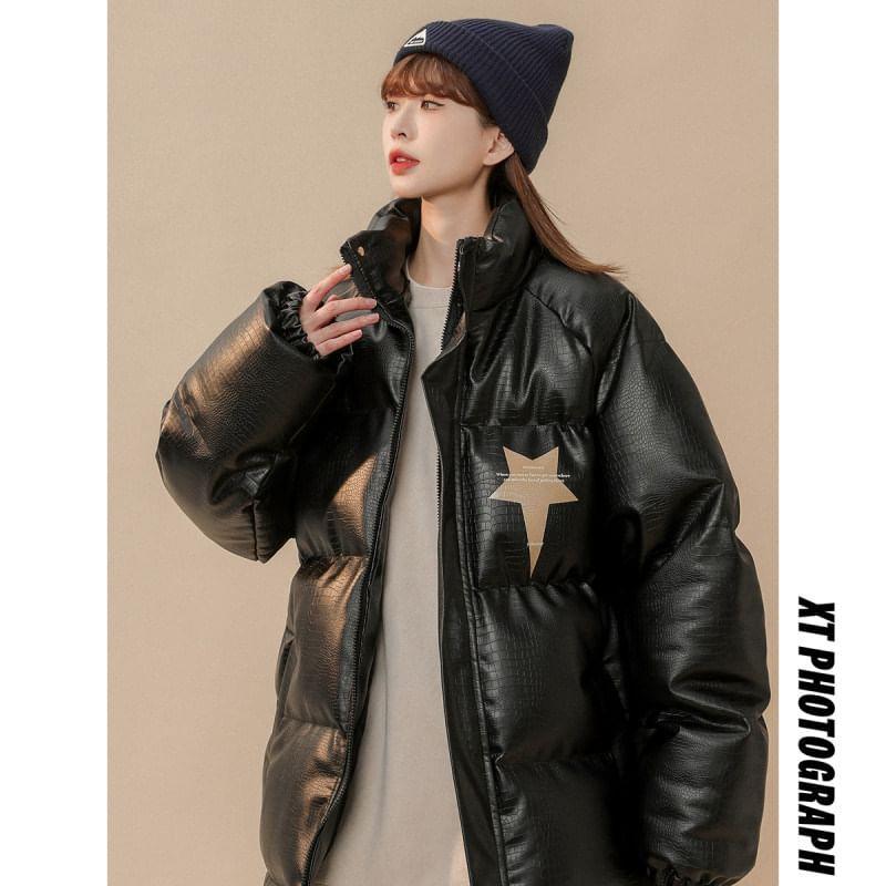 Stand Collar Star Print Crocodile Grain Faux Leather Zip Puffer Jacket Product Image