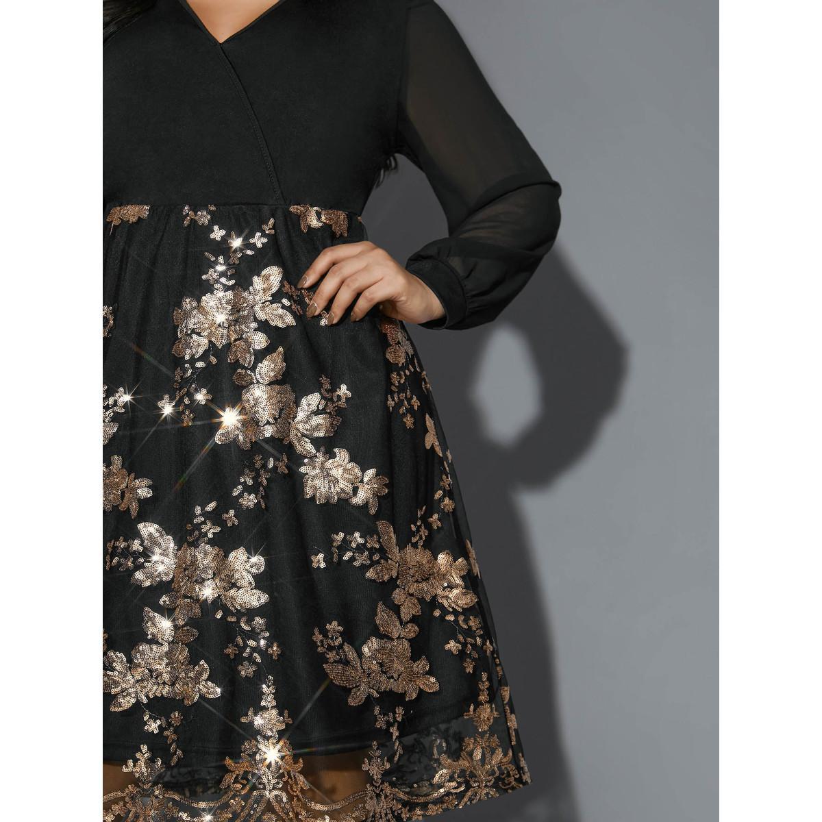 Plus Size Sequin Overlap Collar Sheer Sleeve Lined Dress Black Women Cocktail Texture Party Curvy Bloomchic 30/6X Product Image