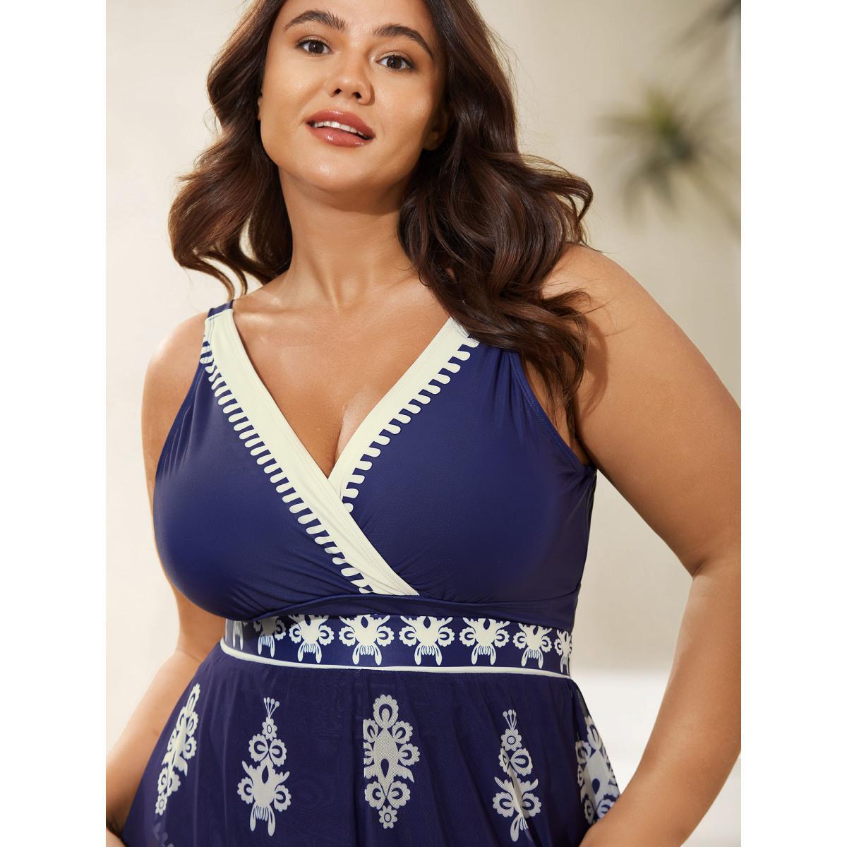 Plus Size Two-Piece Boho Print Sarong Swimsuit Women's Swimwear Indigo Beach Contrast Curve Bathing Suits High stretch One Pieces BloomChic 26/4X Product Image
