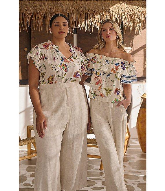 Sugarlips Linen Floral Print Off the Shoulder Short Sleeve Top Product Image