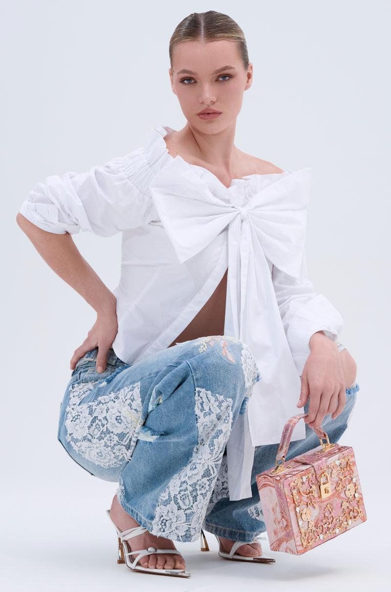 PICKING PETALS FLORAL AND LACE DETAIL DENIM PANTS Product Image