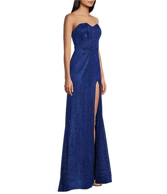 Honey and Rosie Strapless Sweetheart Neck Corset Front Slit Gown Product Image