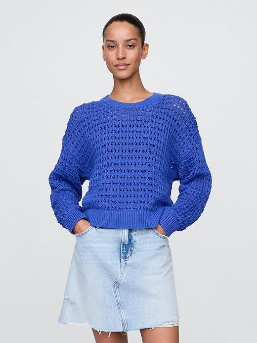 100% Cotton Crochet Crewneck Sweater Product Image