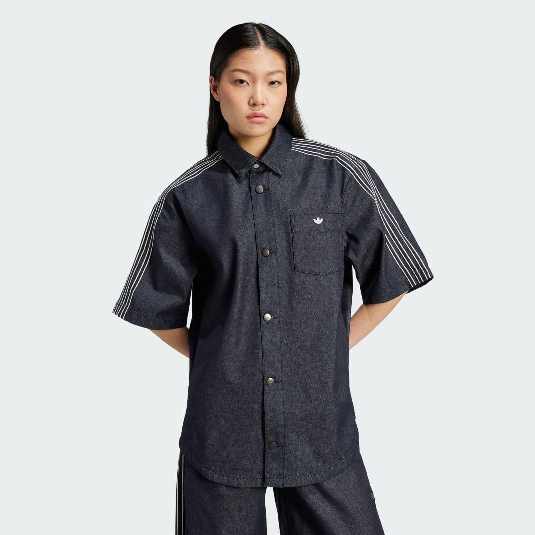 adidas Denim Short Sleeve Shirt Indigo Denim L Womens Product Image