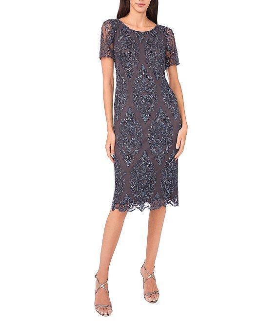 Pisarro Nights Boat Neck Short Sleeve Beaded Sheath Midi Dress Product Image