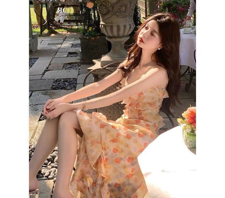 Spaghetti Strap Floral Ruffle Trim Midi A-Line Dress Product Image