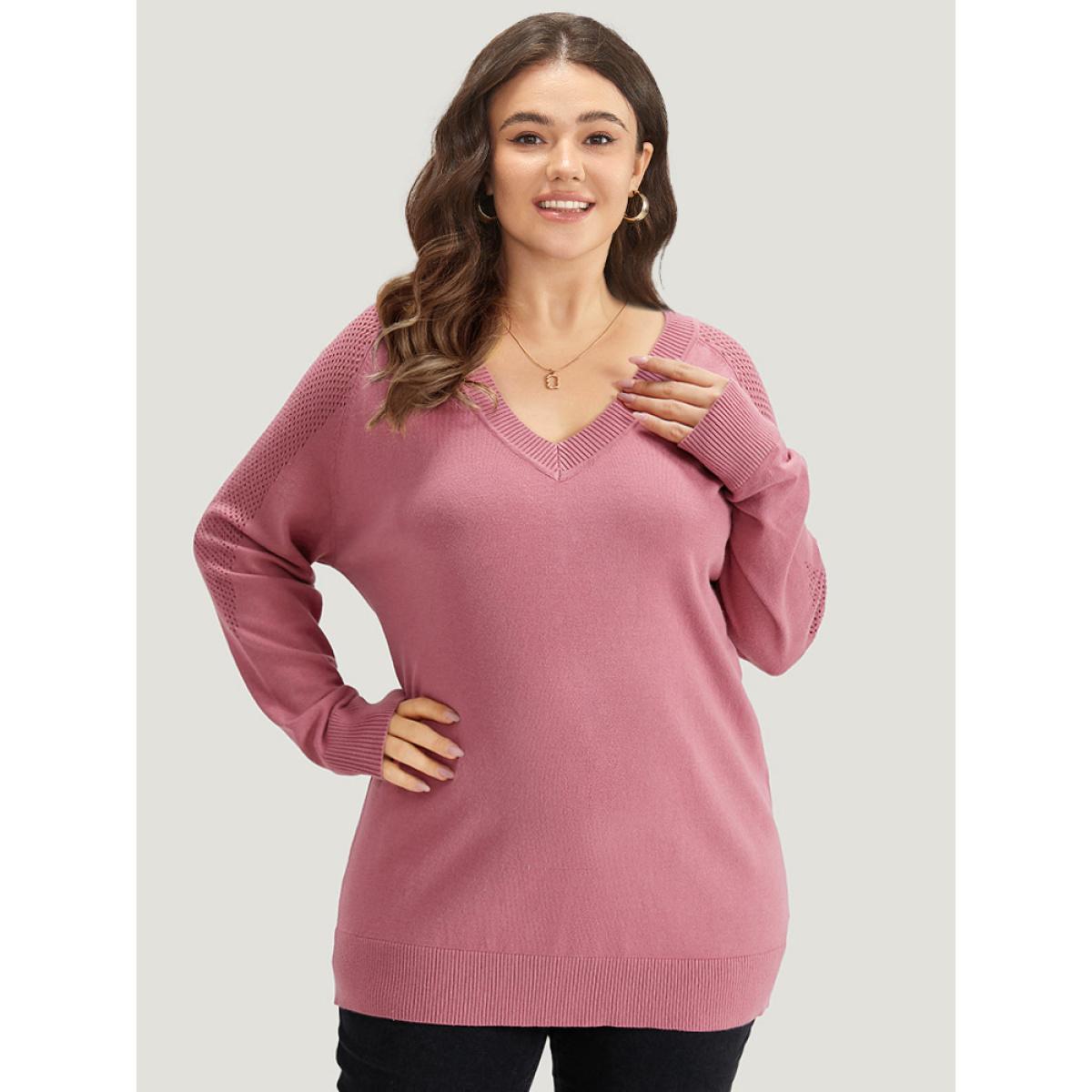 Plus Size Supersoft Essentials Solid Cut Out Patchwork Pullover DustyPink Women Casual Loose Long Sleeve V-neck Dailywear Pullovers BloomChic 10/M Product Image