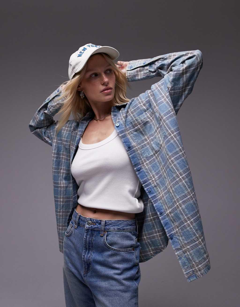 Topshop oversized shirt in washed blue check Product Image