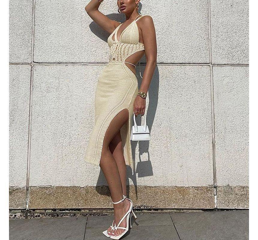 Sleeveless V-Neck Crochet Knit Slit Midi Dress Product Image