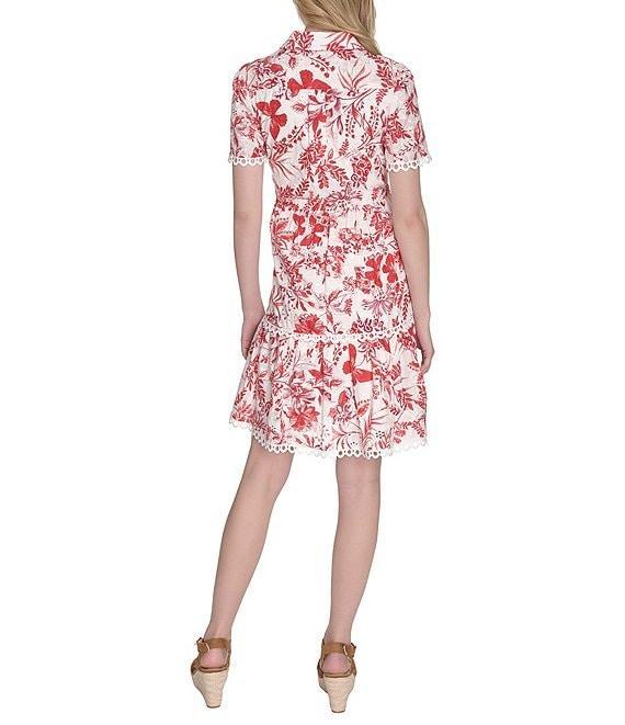 Eliza J Eyelet Floral Print Point Collar Neck Short Sleeve Button Front Shirt Dress Product Image