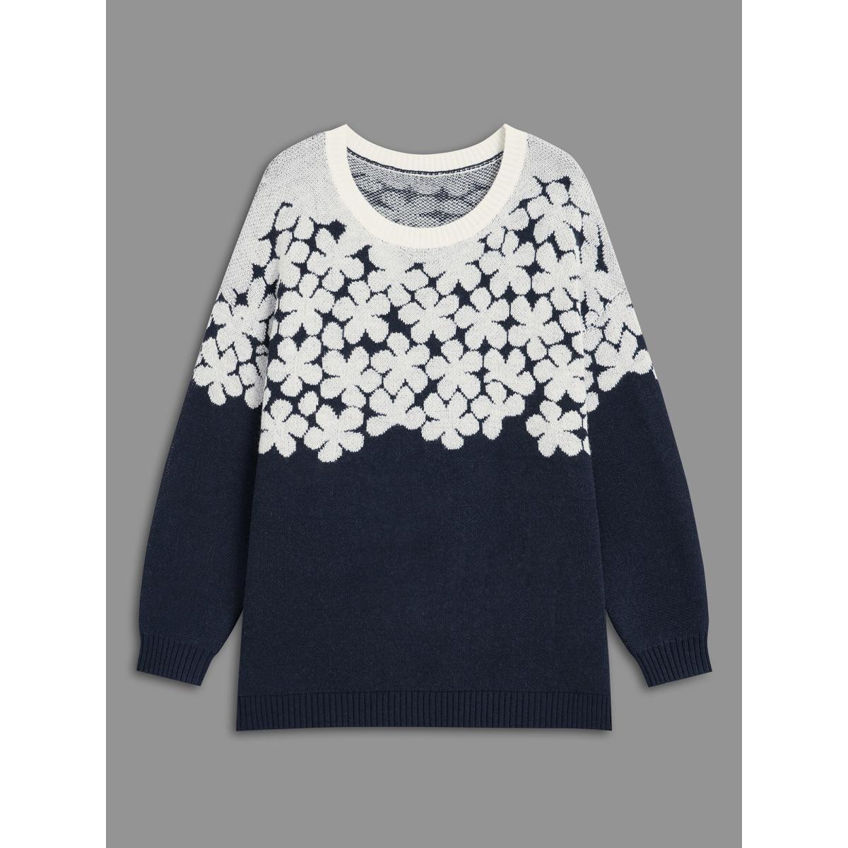Plus Size Floral Contrast Patchwork Drop Shoulder Pullover Indigo Women Casual Loose Long Sleeve Round Neck Everyday Pullovers BloomChic 10/M Product Image