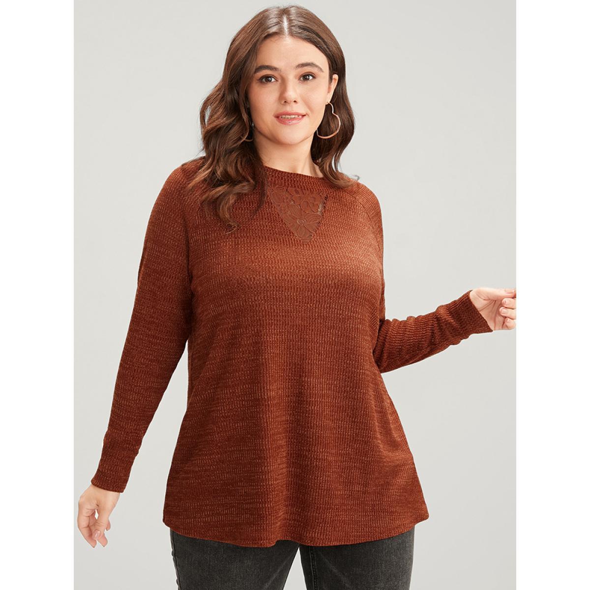 Plus Size Solid Contrast Lace Mock Neck Rib Knit Long Tee Russet Women Elegant Patchwork Plain Mock Neck Dailywear T-shirts BloomChic 14-16/1X Product Image