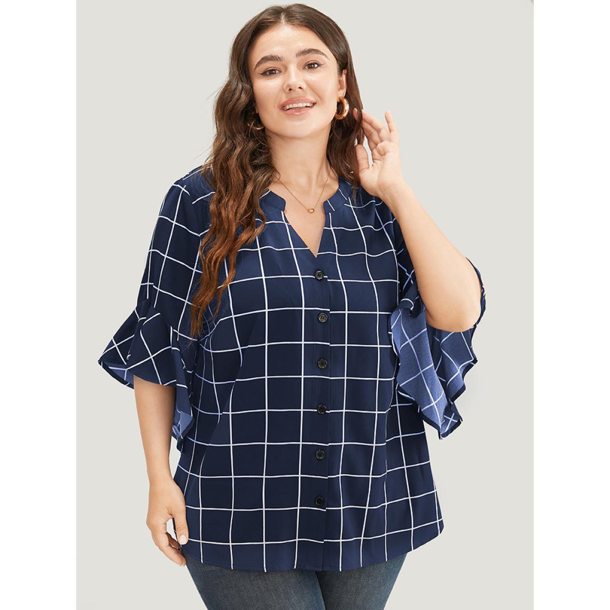 Plus Size Blue Plaid Notched Button Up Ruffle Sleeve Split Hem Blouse Women Office Elbow-length sleeve Notched collar Work Blouses BloomChic 30/6X Product Image