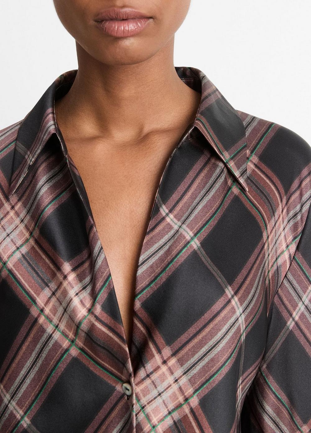 Womens Plaid Silk Bias Long-Sleeve Blouse, Vintage Petal, Size XXS Vince Product Image