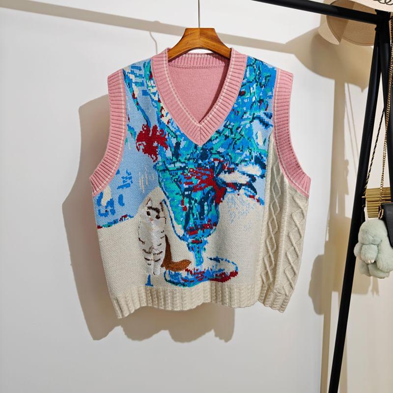 Sleeveless V-Neck Cat Flowers Cropped Sweater Vest Product Image