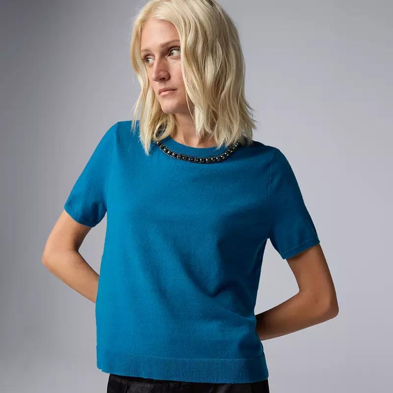 Petite Simply Vera Vera Wang Necklace Embellished Short Sleeve Sweater, Women's, Size: Small Petite, Jonathan Blue Product Image