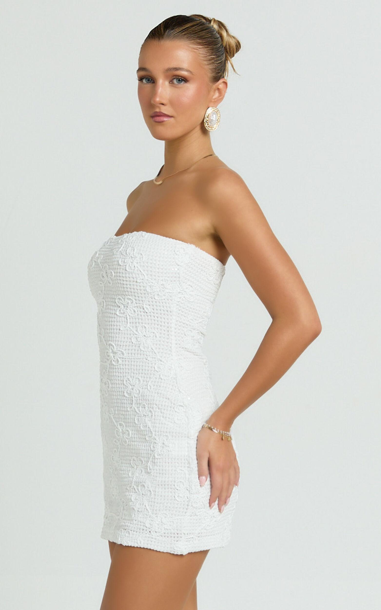 Inka Mini Dress - Strapless Fitted Jersey Dress in White Product Image