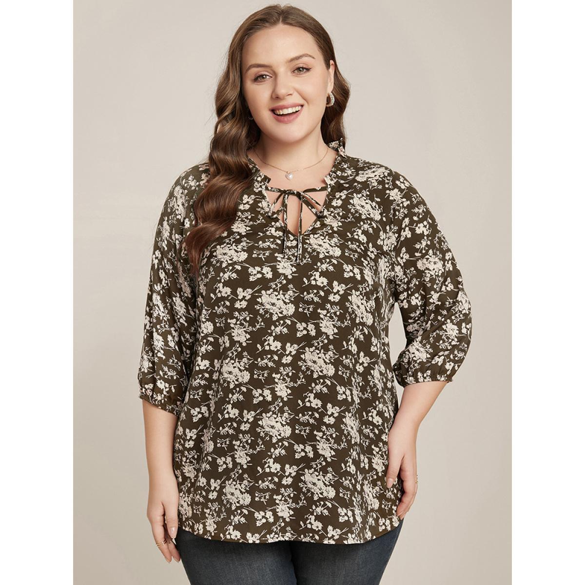 Plus Size DarkBrown Floral Print Lantern Sleeve Tie V Neck Blouse Women Elegant Elbow-length sleeve V-neck Dailywear Blouses BloomChic 26/4X Product Image