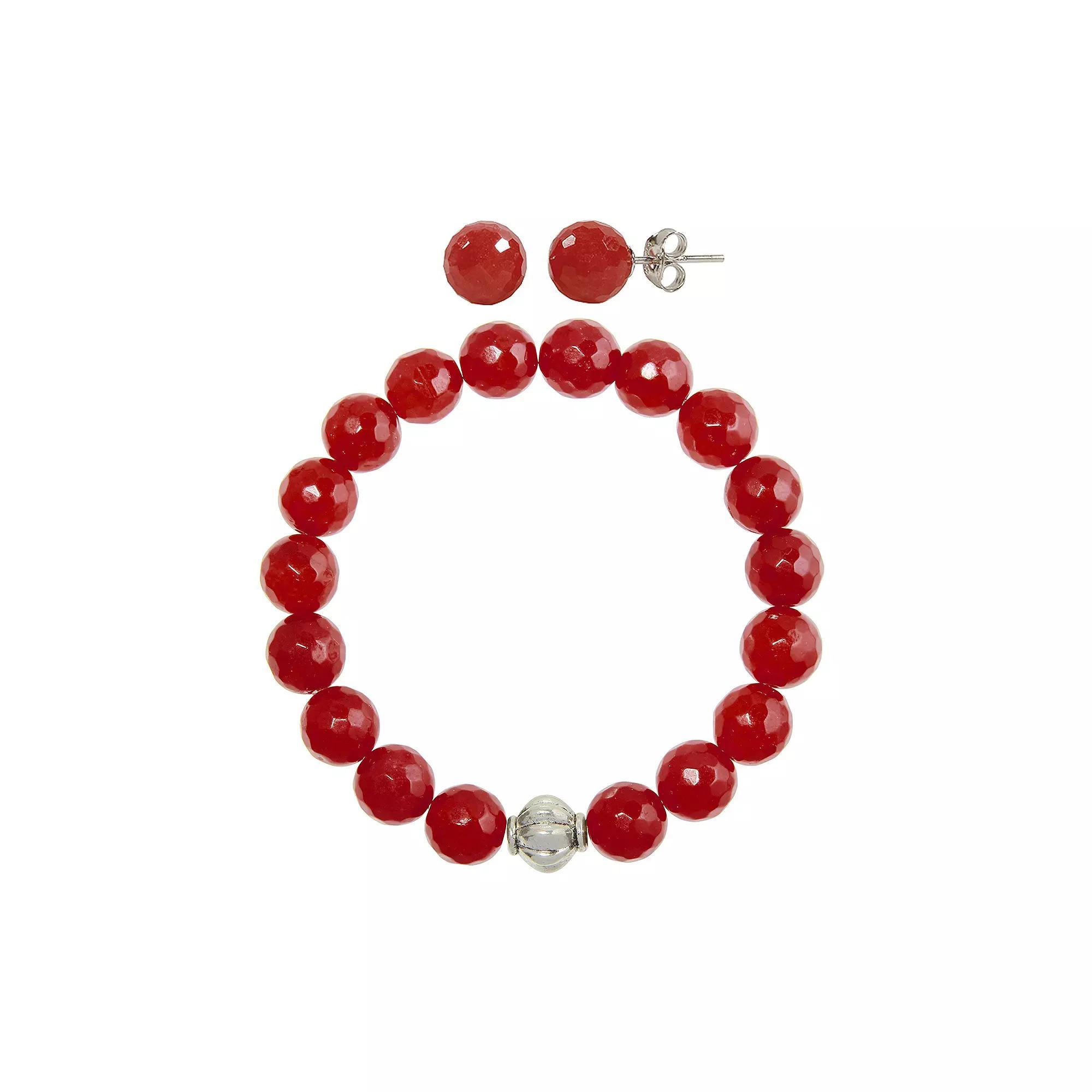 Faceted Agate 2-piece Stud Earrings & Bracelet Set, Women's, Size: 7.5", Red Product Image
