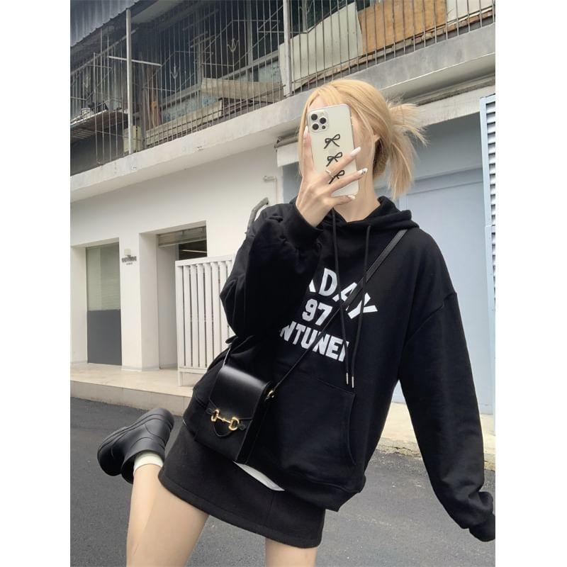 Lettering Print Drawstring Hoodie Product Image