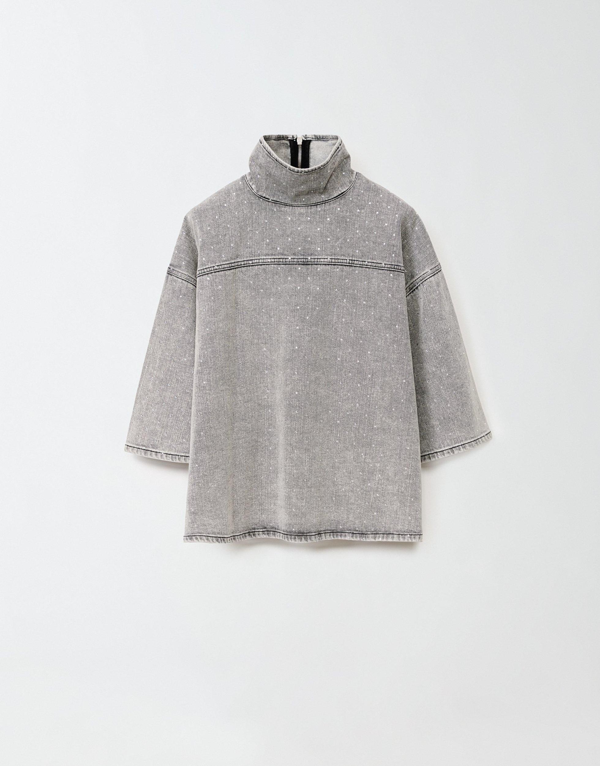 FABIANA FILIPPI Short Sleeve Gray Denim Top With Strass In Grey Product Image