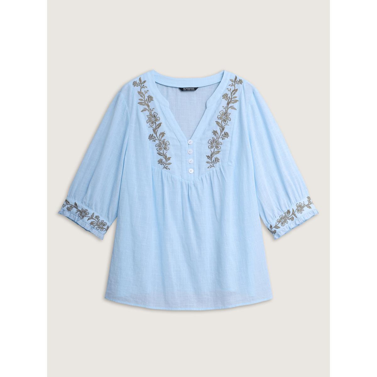 Plus Size LightBlue Cotton Floral Embroidered Notched Collar Frill Trim Blouse Women Casual Elbow-length sleeve Stand-up collar Everyday Blouses BloomChic 22-24/3X Product Image
