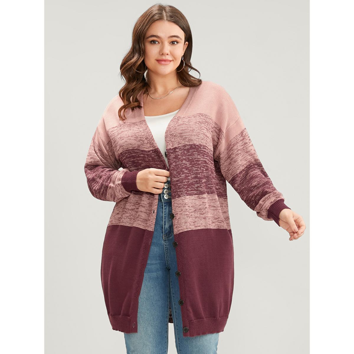 Plus Size Colorblock Contrast Pointelle Knit Button Front Heather Cardigan RedViolet Women Casual Loose Long Sleeve Dailywear Cardigans BloomChic 30/6X Product Image