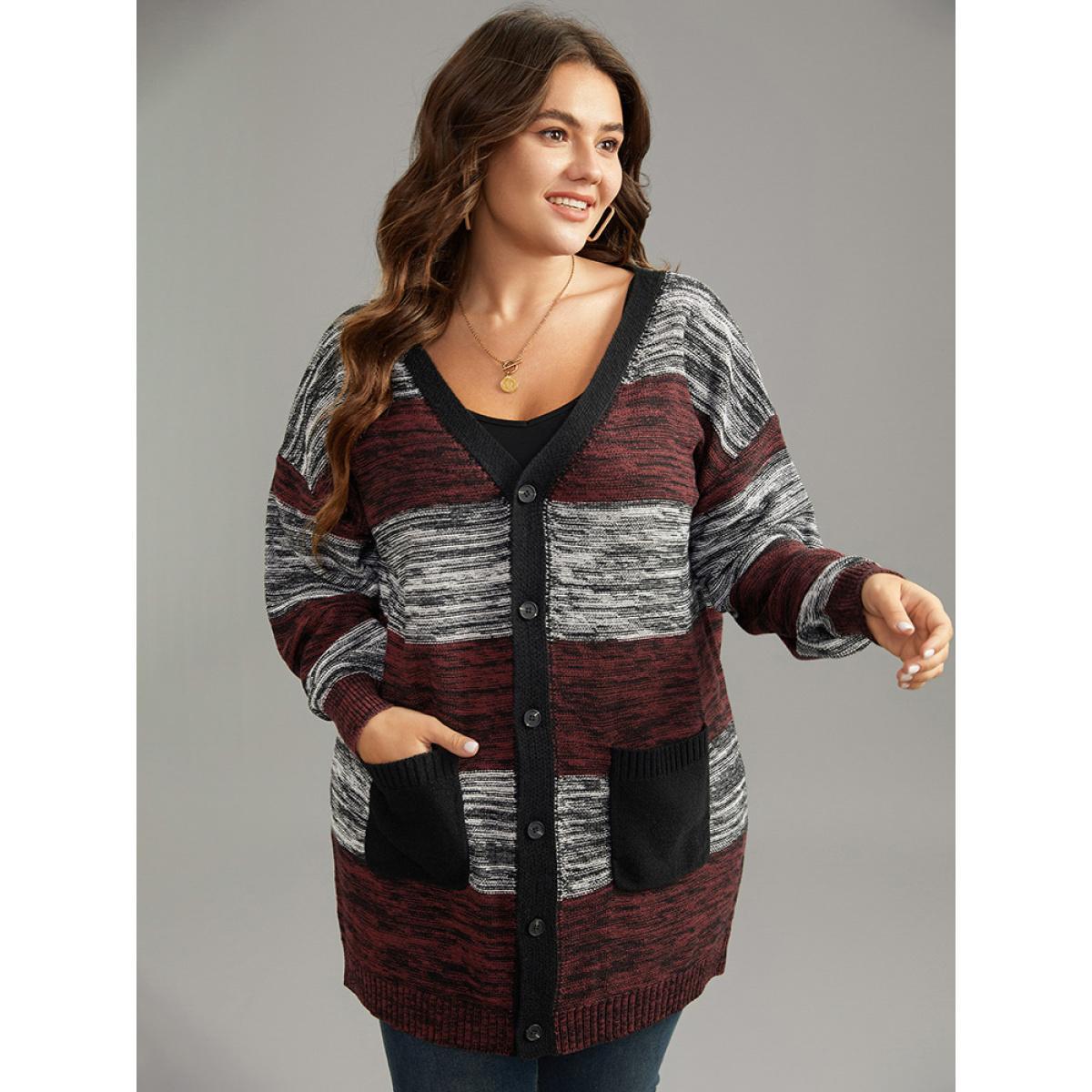 Plus Size Heather Colorblock Contrast Pocket Button Through Cardigan Burgundy Women Casual Loose Long Sleeve Everyday Cardigans BloomChic 30/6X Product Image