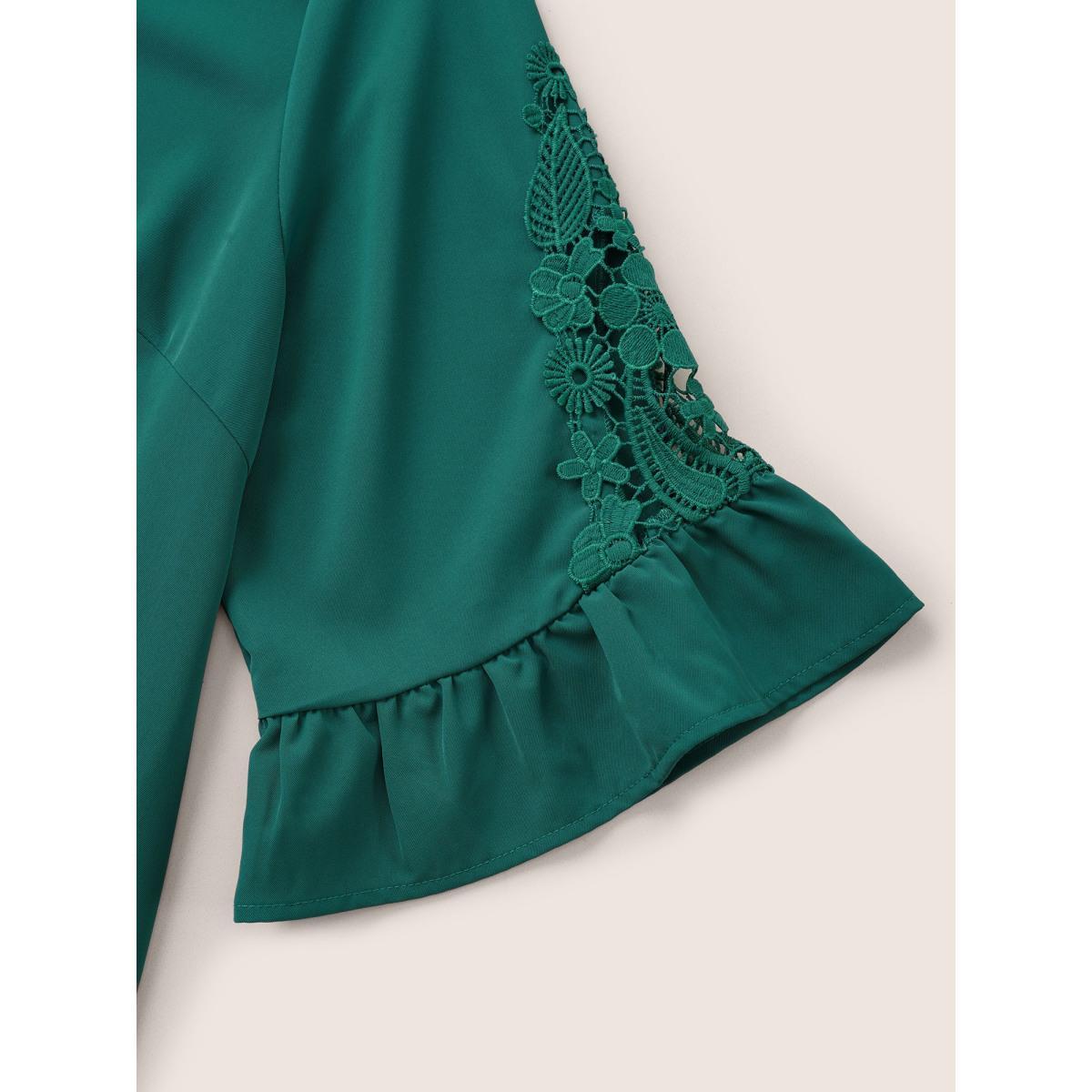 Plus Size Emerald Solid Guipure Lace Patchwork Ruffles Blouse Women Elegant Elbow-length sleeve V-neck Everyday Blouses BloomChic 14-16/1X Product Image