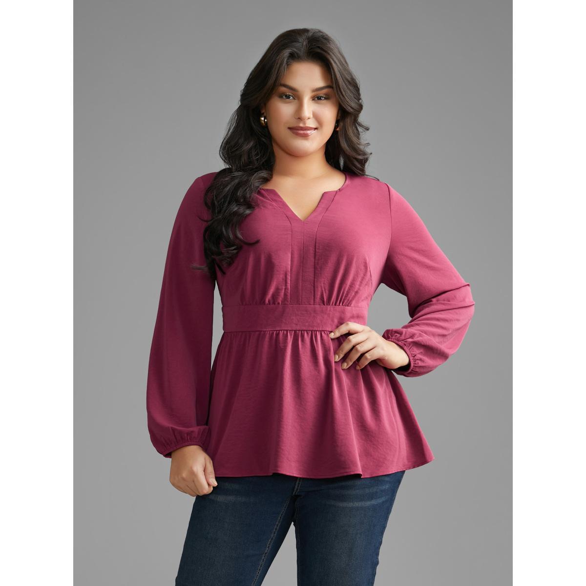 Plus Size RedViolet Notched Collar Gathered Lantern Sleeve Blouse Women Elegant Long Sleeve Notched collar Everyday Blouses BloomChic 30/6X Product Image