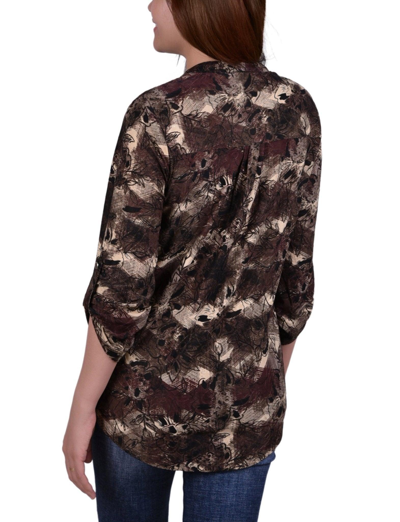 Taupe Milaflor 3/4 Sleeve Roll Tab Y Neck Top - Petite Product Image