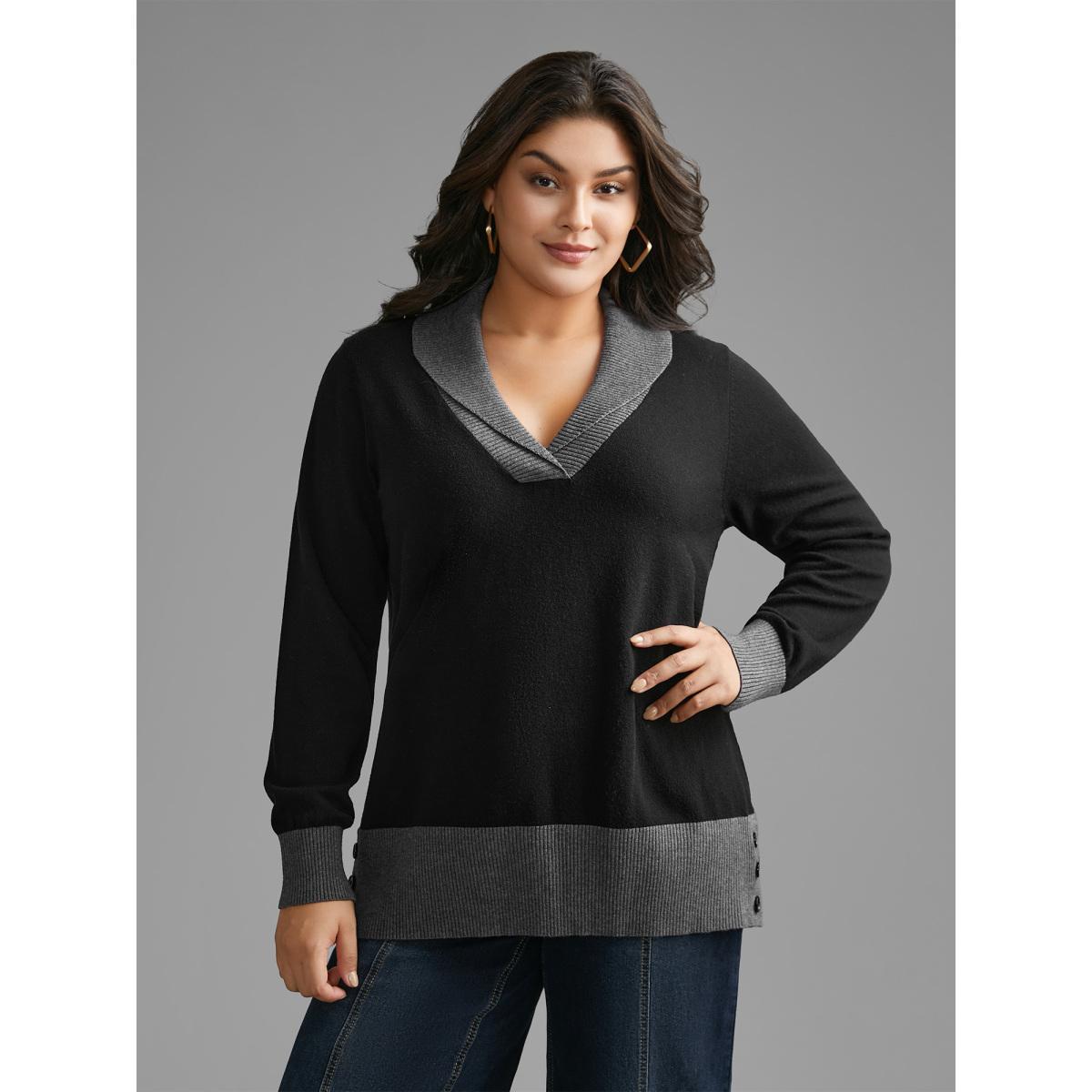 Plus Size Contrast Overlap Collar Button Detail Pullover Black Women Casual Loose Long Sleeve Overlap Collar Everyday Pullovers BloomChic 14-16/1X Product Image