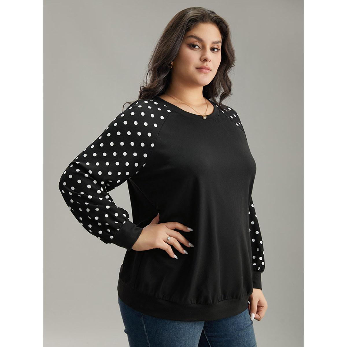 Plus Size Polka Dot Patchwork Raglan Sleeve Sweatshirt Women Black Casual Elastic cuffs Round Neck Everyday Sweatshirts BloomChic 18-20/2X Product Image
