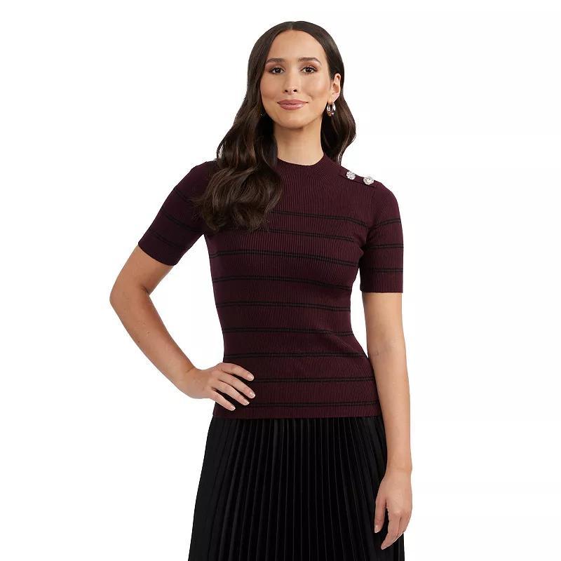 Women's Ellen Tracy Mockneck Elbow Sleeve Button Shoulder Rib Sweater, Size: XS, Camel Black Stripe Product Image