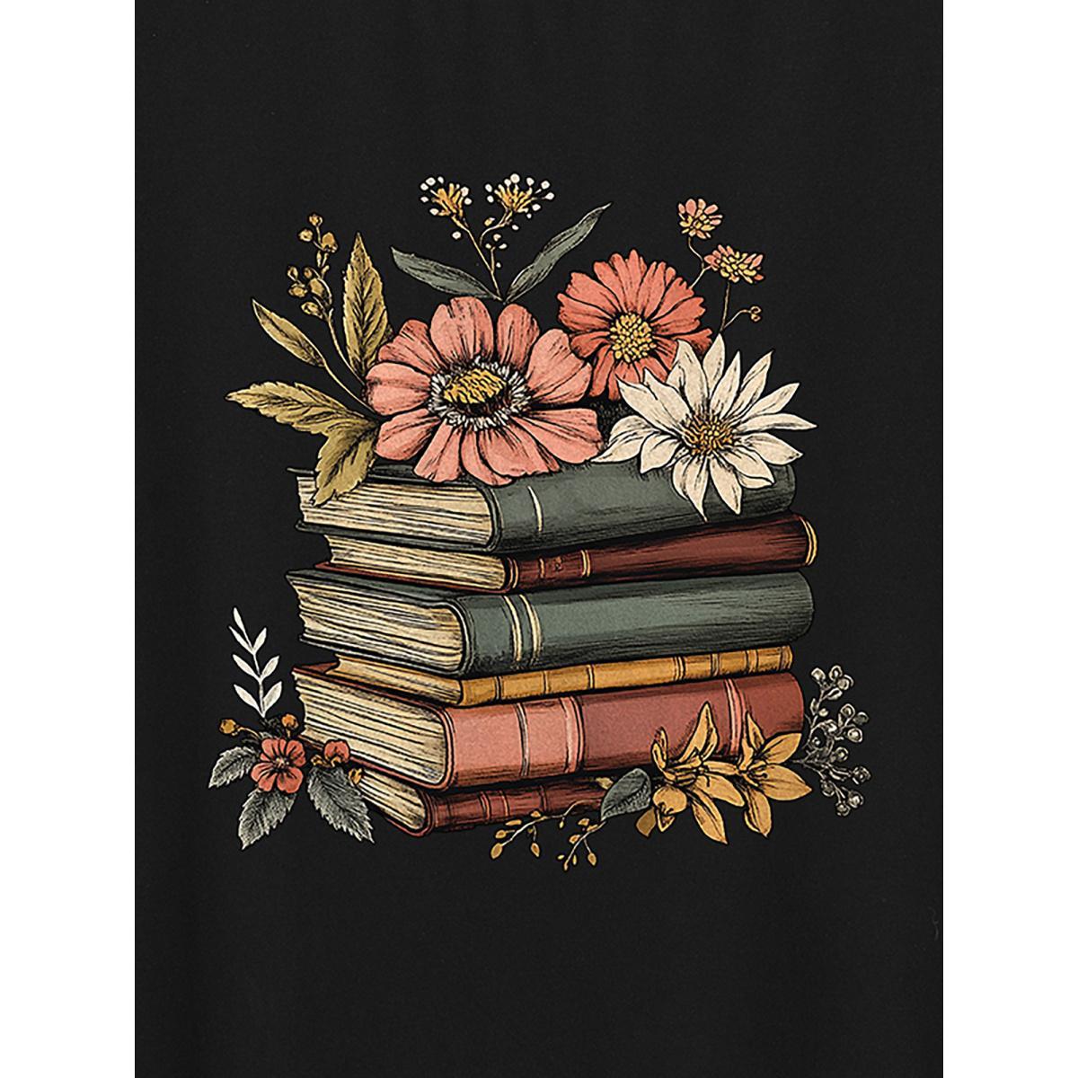 Plus Size Bookish Florals Print Round Neck T-Shirt Black Women Non Natural Flowers Round Neck Everyday-Casual T-shirts BloomChic 30/6X Product Image