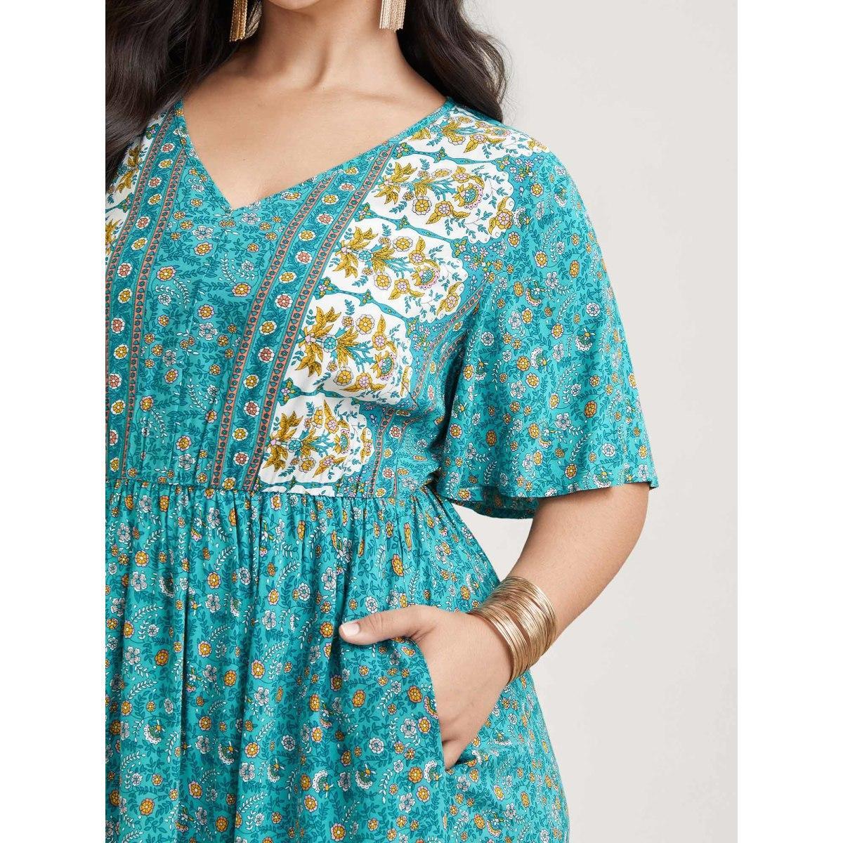 Plus Size Boho Floral Print V-Neck Maxi Dress Cerulean Women Resort Non V-neck Half Sleeve Curvy BloomChic 28/5X Product Image