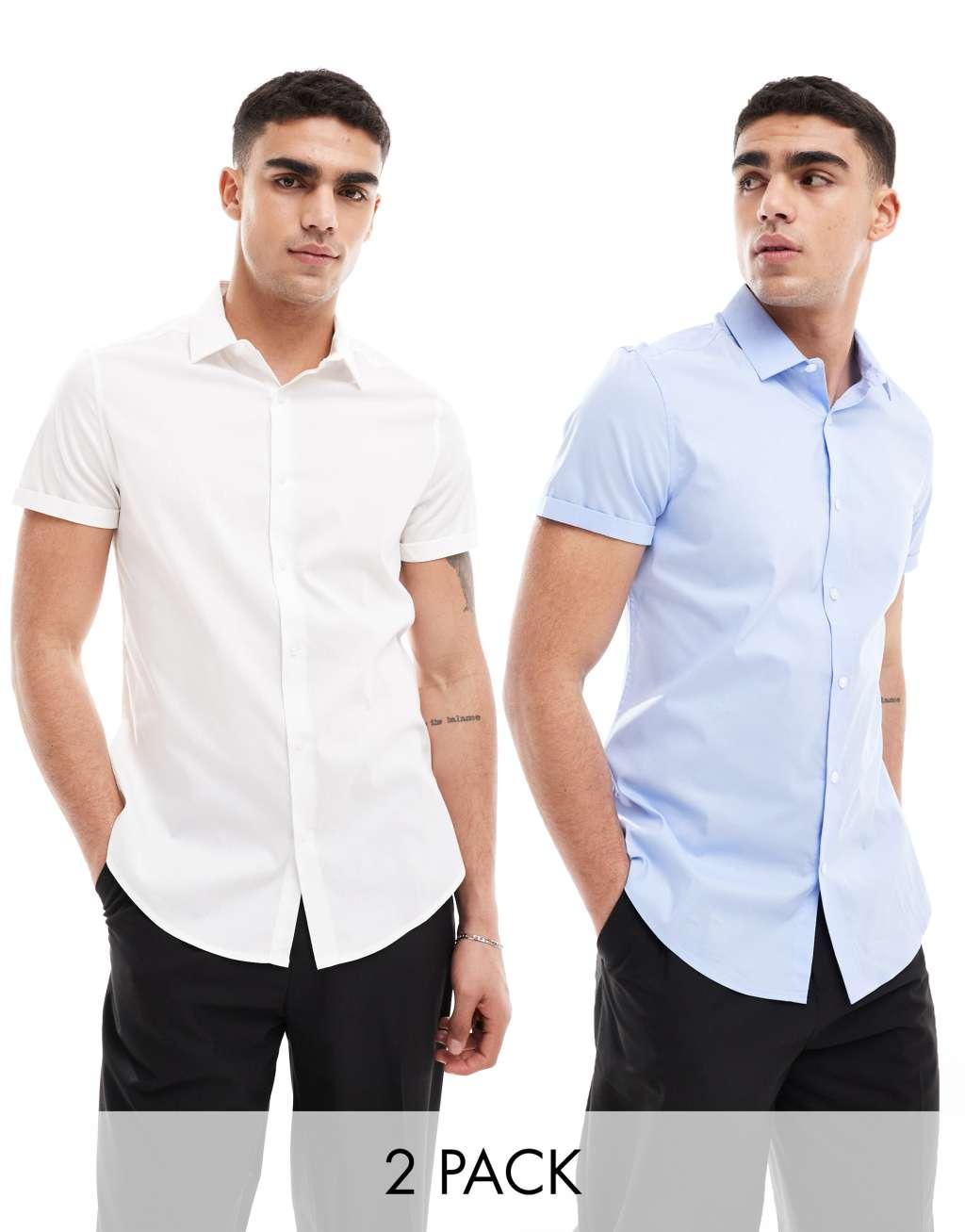 ASOS DESIGN 2 pack stretch slim fit work shirt in white/blue Product Image