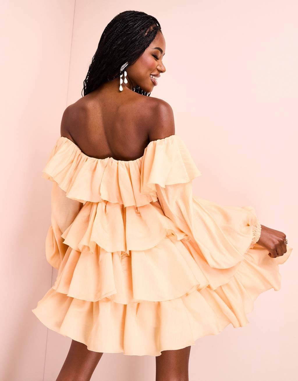 ASOS LUXE organza ruffle mini dress with tiered skirt in apricot Product Image